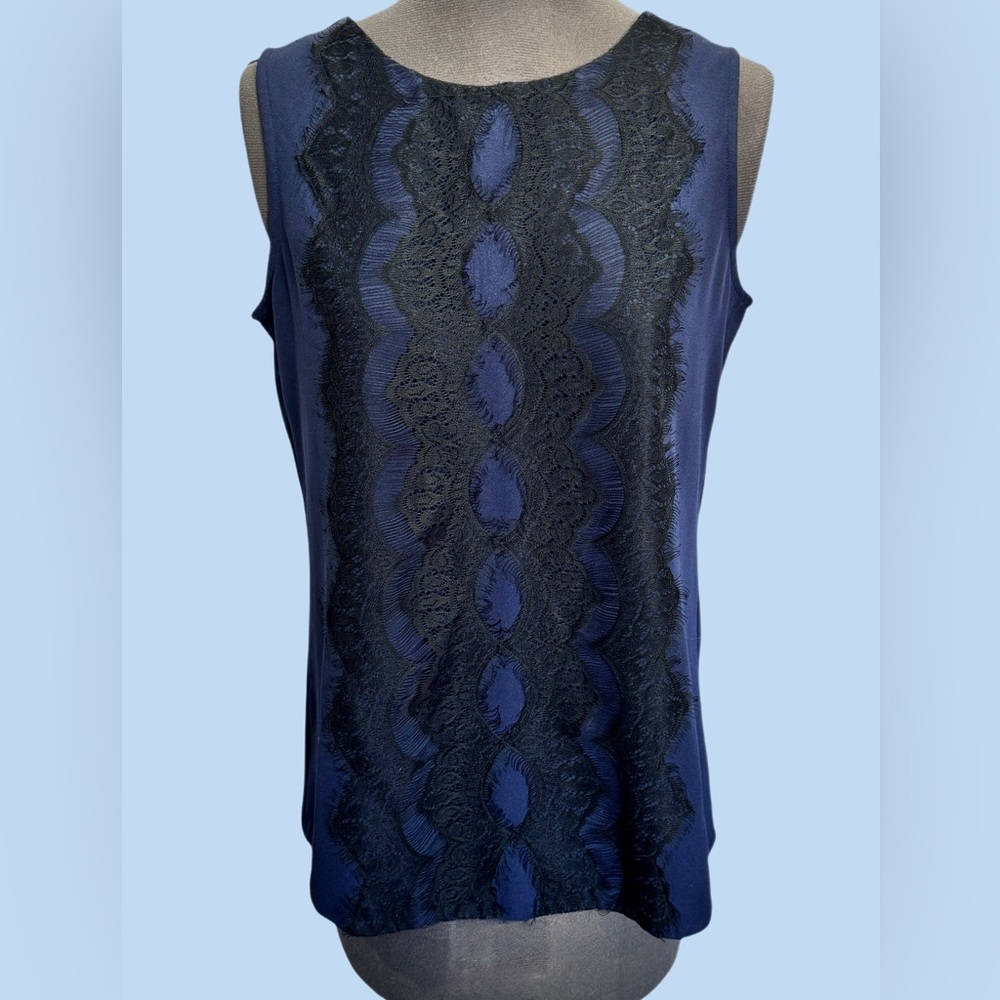 Loft Navy Sleeveless Top With Black Eyelash Lace And Keyhole Button Back…